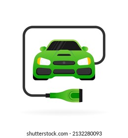 Coche eléctrico y símbolo de la estación de carga eléctrica sobre fondo blanco. Ilustración del vector