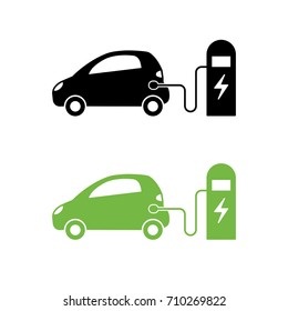 Electric car and electrical charging station icon. Hybrid Vehicle symbol. Eco friendly auto or electric vehicle concept. Vector illustration.