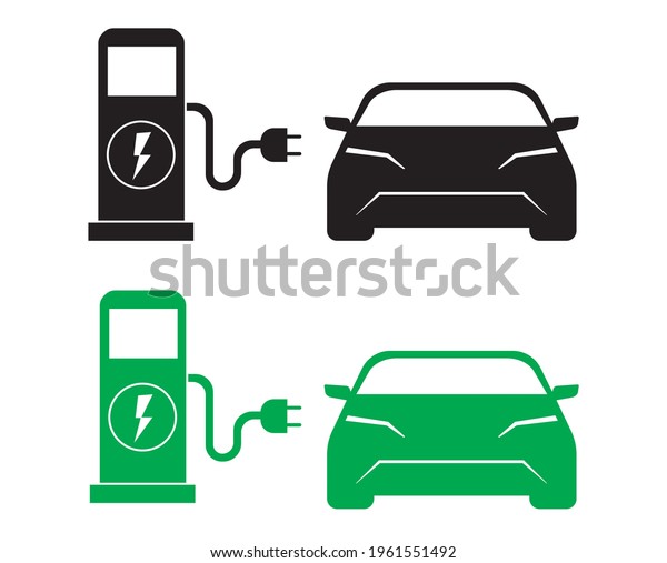 Electric car and Electrical charging station\
icons. Vector illustration. Technology concept. Electric car at\
charging station. Front view electric car silhouette signs isolated\
on white background.