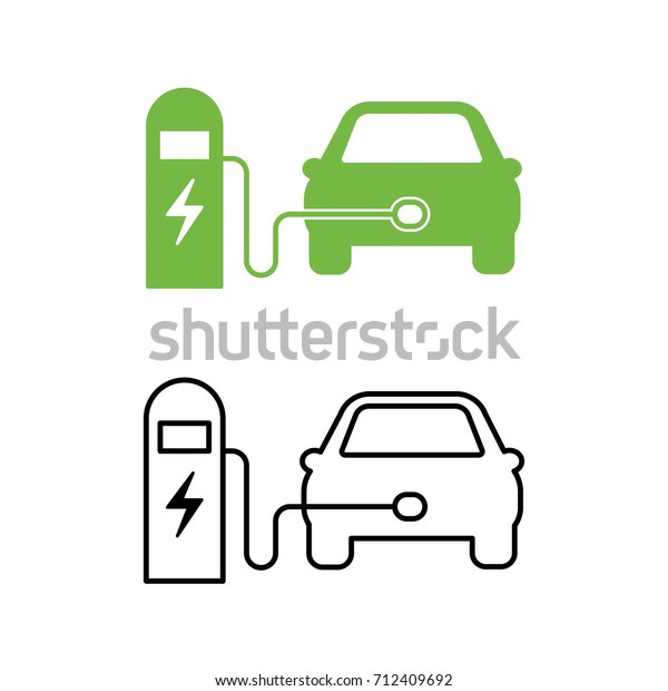 Electric car and electrical charging\
station icon. Hybrid Vehicle symbol. Eco friendly auto or electric\
vehicle concept. Vector\
illustration.