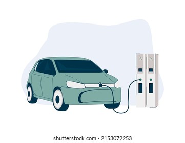 Electric car or electrocar urban environment friendly transportation. Website banner template with electric car, flat vector illustration.