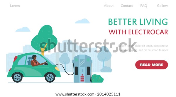 Electric car or electrocar\
urban environment friendly transportation. Website banner template\
with woman driving rechargeable electric car, flat vector\
illustration.