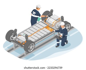 Produktion von Elektroautoingenieuren / Automobilmontageindustrie Produktion Lithium-Batterie li-Ionen-Packstücke Arbeiter Überprüfung isometrisch einzelne Vektorgrafik