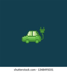 Electric car. Environmental Protection. Ecology. Clean energy. Pixel art.  Element design stickers, logo, mobile app, menu. 8 bit video game. Game assets 8-bit sprite. 16-bit.