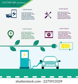 Electric Car environmentally friendly concept vector infographic design with icon options or steps for illustration Stock Illustration. Electric Car reduce noise pollution.