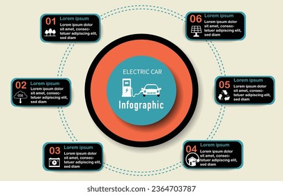 Diseño de infografía por vectores de concepto de vehículos eléctricos respetuosos con el medio ambiente con opciones de iconos o pasos para la ilustración Ilustración de stock. El coche eléctrico reduce la contaminación acústica.