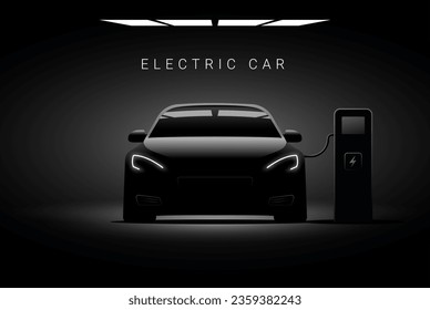 Electric car ev charge station vector concept. Electric vehicle charger energy background neon battery illustration