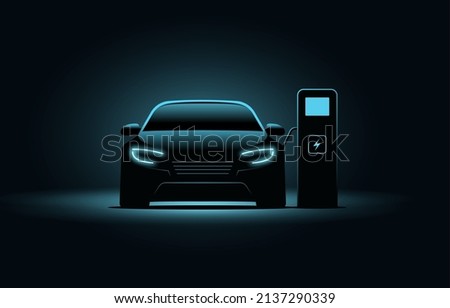 Electric car ev charge station vector concept. Electric vehicle charger energy background neon battery illustration