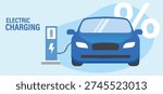 Electric car, EV car, car charging battery at electric charging station with solar panel and wind turbines. Sustainable green energy for ecology environment.