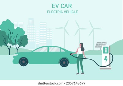 Electric car, EV car, car charging battery at electric charging station with solar panel and wind turbines. Sustainable green energy for ecology environment. Futuristic transportation technology.