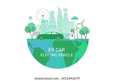 Elektroautos, Elektroautos, Autos, Ladebatterien an der elektrischen Ladestation mit Solarzelle und Windturbinen. Nachhaltige grüne Energie für ökologische Umwelt. Futuristische Transporttechnik.