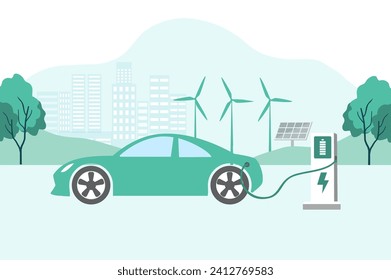 Electric car, EV car, car charging battery at electric charging station with solar panel and wind turbines. Sustainable green energy for ecology environment. Futuristic transportation technology.