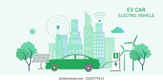 Carro elétrico, carro EV, bateria de carregamento de carro em estação de carregamento elétrico com painel solar e turbinas eólicas. Energia verde sustentável para o ambiente ecológico.