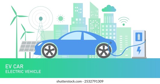 Electric car, EV car, car charging battery at electric charging station with solar panel and wind turbines. Sustainable green energy for ecology environment.