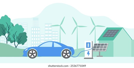 Electric car, EV car, car charging battery at electric charging station with solar panel and wind turbines. Sustainable green energy for ecology environment.