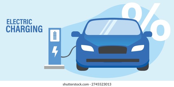 Electric car, EV car, car charging battery at electric charging station with solar panel and wind turbines. Sustainable green energy for ecology environment.