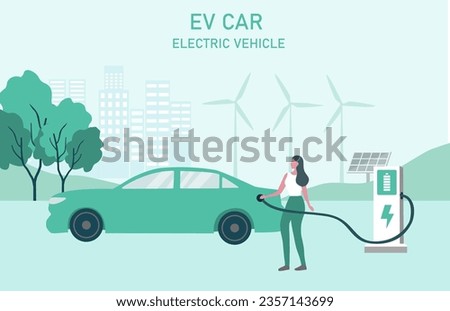 Electric car, EV car, car charging battery at electric charging station with solar panel and wind turbines. Sustainable green energy for ecology environment. Futuristic transportation technology.