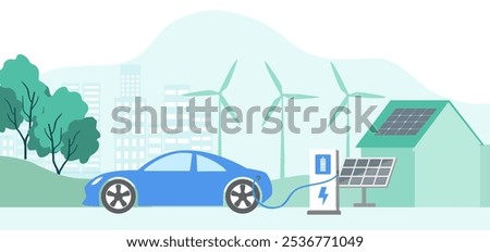 Electric car, EV car, car charging battery at electric charging station with solar panel and wind turbines. Sustainable green energy for ecology environment.