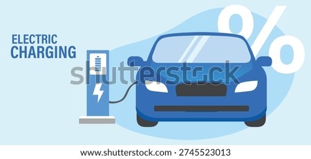 Electric car, EV car, car charging battery at electric charging station with solar panel and wind turbines. Sustainable green energy for ecology environment.