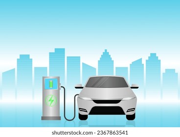 Cargador eléctrico de coches o vehículos eléctricos en la estación de carga de la ciudad. Energía verde o concepto ecológico. Concepto Futurista de Transporte. Ilustración vectorial. 