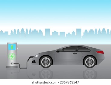 Electric car or EV car charging at  Charging Station in the City. Green Energy or Eco-friendly Concept. Futuristic Transportation Concept. Vector Illustration. 