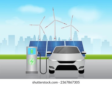 Electric car or EV car charging at  Charging Station in Green City with Solar Panel and Wind Turbines. Green Energy or Eco-friendly Concept. Vector Illustration. 