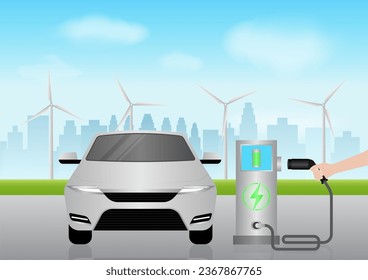 Electric car or EV car charging at  Charging Station in Green City with Wind Turbines. Green Energy or Eco-friendly Concept. Vector Illustration. 
