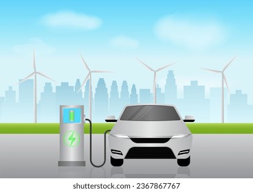 Electric car or EV car charging at  Charging Station in Green City with Wind Turbines. Green Energy or Eco-friendly Concept. Vector Illustration. 