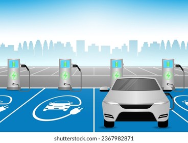 Electric car or EV car charging at a charging Station in Parking Space. Green Energy or Eco-friendly Concept. Vector Illustration. 