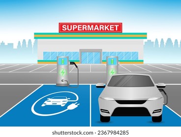 Electric car or EV car charging at a charging Station in Parking Space at Supermarket Store. Green Energy or Eco-friendly Concept. Vector Illustration. 