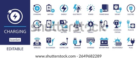 Electric Car (EV) charging vector icon set for battery, power, and station graphics. Features plug, cable, and wireless recharge.