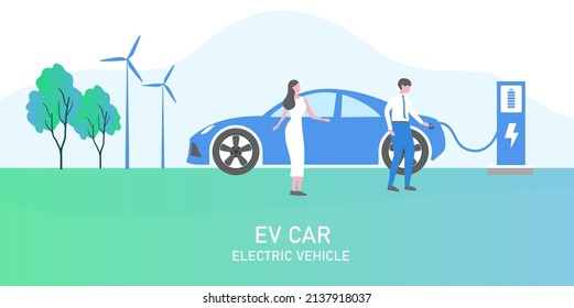 Electric car, EV car, couple charging battery at electric charging station with solar panel and wind turbines. Sustainable green energy for ecology environment. Futuristic transportation technology.