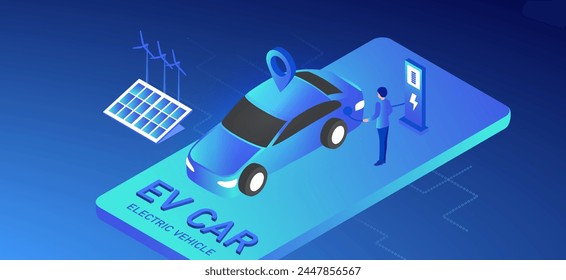 Electric car, EV car, couple charging battery at electric charging station with solar panel and wind turbines. Sustainable green energy for ecology environment. Futuristic transportation technology.