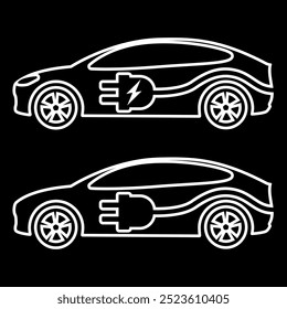 Coche eléctrico, Ilustración vectorial del icono de la línea del ev. Vista lateral del coche eléctrico, cable y enchufe.