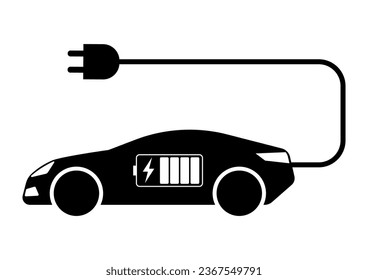 Electric Car. EV Car Symbol. Electric Car at Charging Station. Green Energy or Eco-friendly Concept. Vector Illustration. 