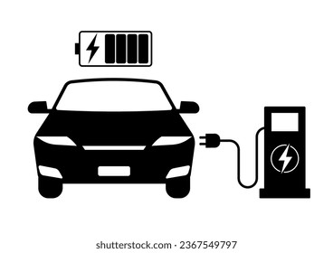 Electric Car. EV Car Symbol. Electric Car at Charging Station. Green Energy or Eco-friendly Concept. Vector Illustration. 