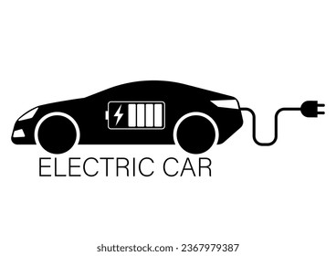 Electric Car. EV Car Symbol. Electric Car at Charging Station. Green Energy or Eco-friendly Concept. Vector Illustration. 