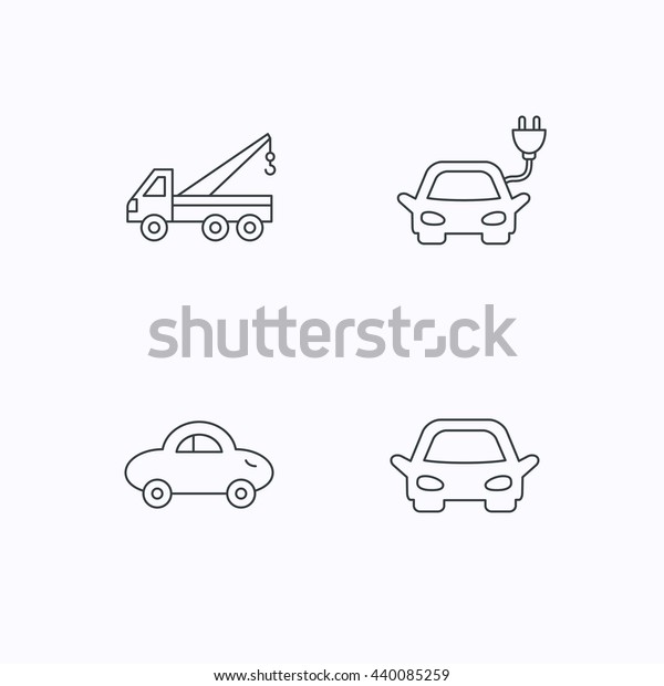 Electric car, evacuator\
and transport icons. Car linear signs. Flat linear icons on white\
background. Vector
