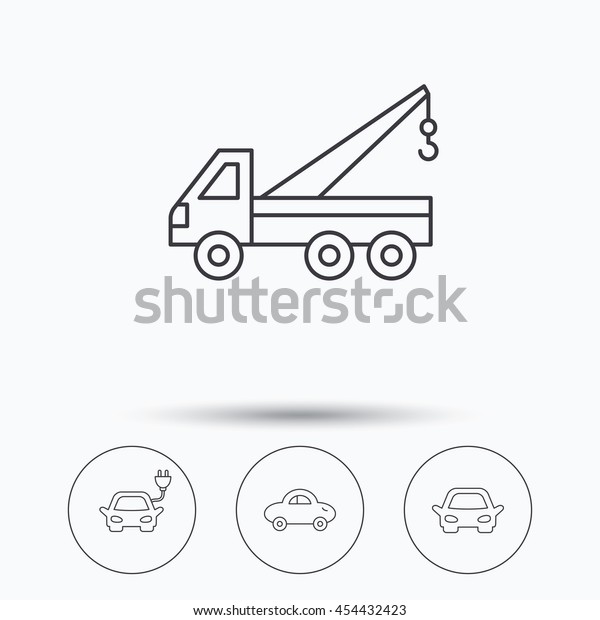 Electric car,\
evacuator and transport icons. Car linear signs. Linear icons in\
circle buttons. Flat web symbols.\
Vector
