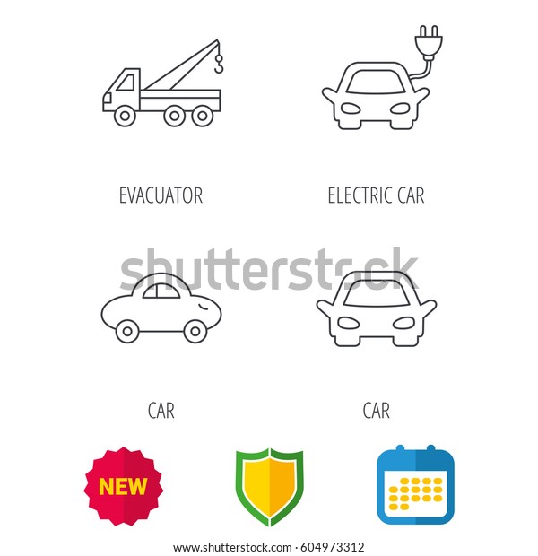 Electric car, evacuator and transport icons. Car\
linear signs. Shield protection, calendar and new tag web icons.\
Vector