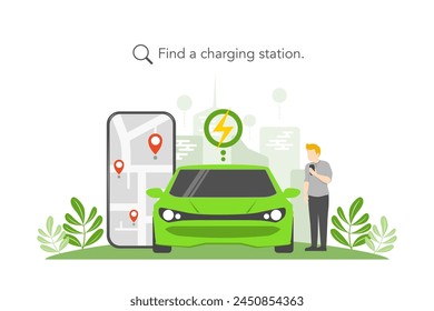 Electric car, Find a charging station, Smartphone screen with city map navigation, Smart city transportation and vehicle technology net zero emission, Environmental care and use clean green energy.