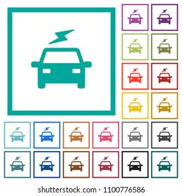 Electric car with flash flat color icons with quadrant frames on white background