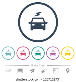 Electric car with flash flat color icons in round outlines. 6 bonus icons included.