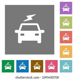 Electric car with flash flat icons on simple color square backgrounds