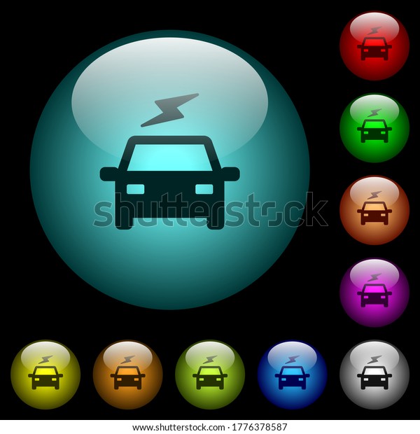 Electric car with flash icons in color\
illuminated spherical glass buttons on black background. Can be\
used to black or dark\
templates