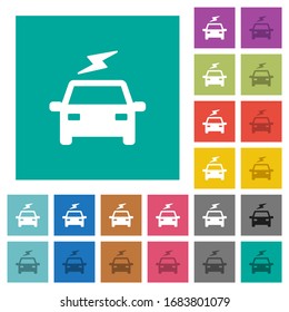 Electric car with flash multi colored flat icons on plain square backgrounds. Included white and darker icon variations for hover or active effects.