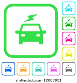 Electric car with flash vivid colored flat icons in curved borders on white background
