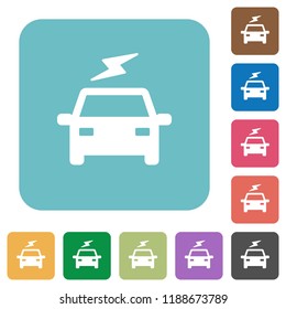 Electric car with flash white flat icons on color rounded square backgrounds