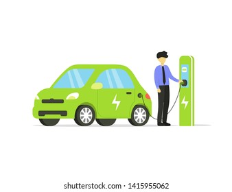 Electric car flat illustration. Business man charging electric car on charging station. Vector illustration isolated on white background.