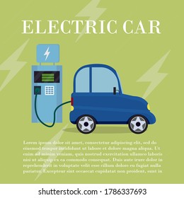 Electric car flat infographic concept stock vector illustration. Electric car on charging station. Ecology, innovation concept